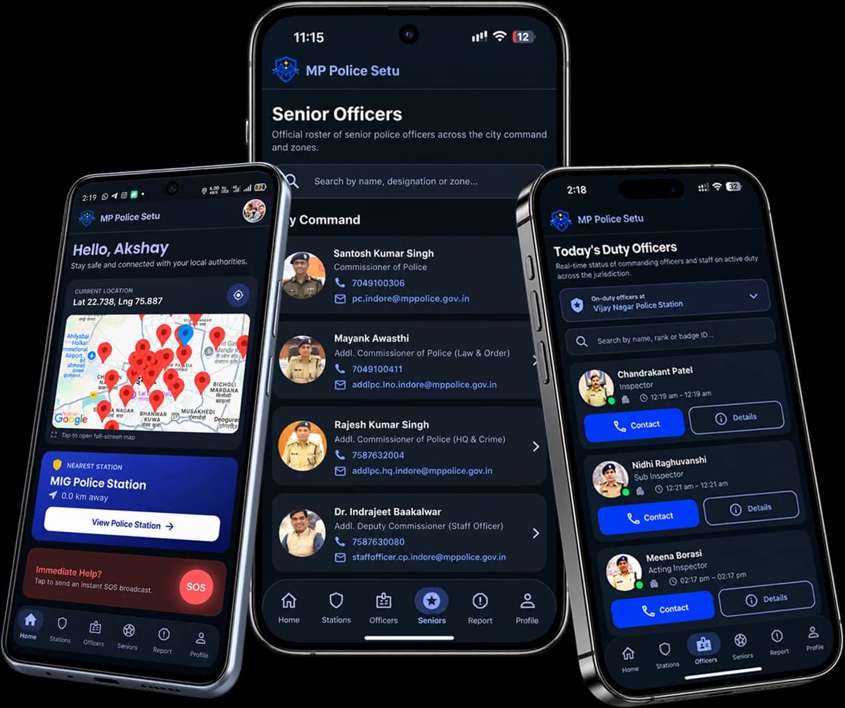 MP Police Setu app on three phones: home screen with map and nearest station, senior officers directory, and today's duty officers